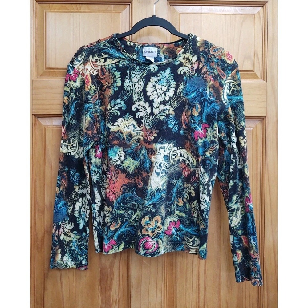 Chico's Women's Size 1 Floral Long Sleeve T-shirt Pullover Stretch Round Neck